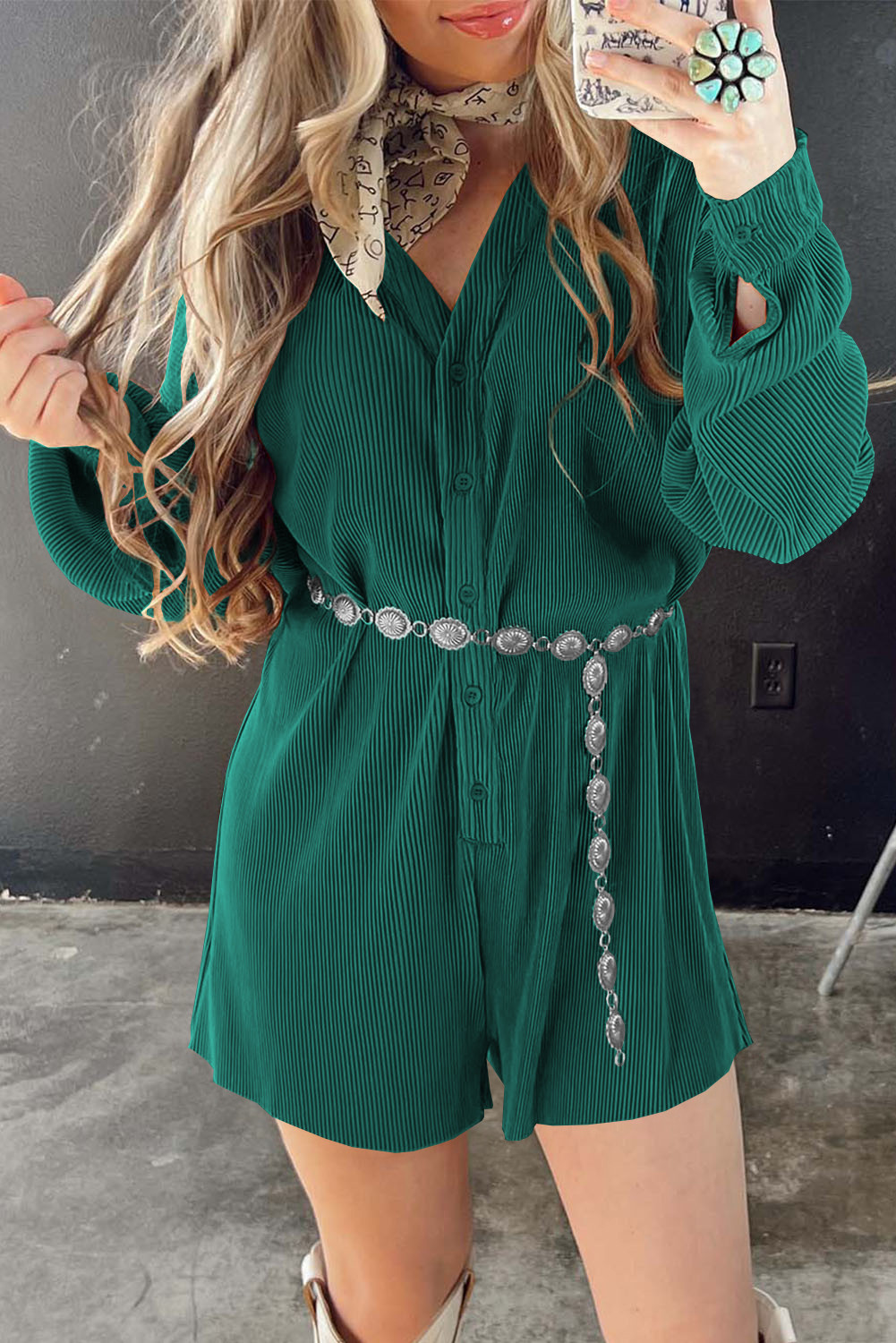 Green Ribbed Corduroy V Neck Button Front Romper