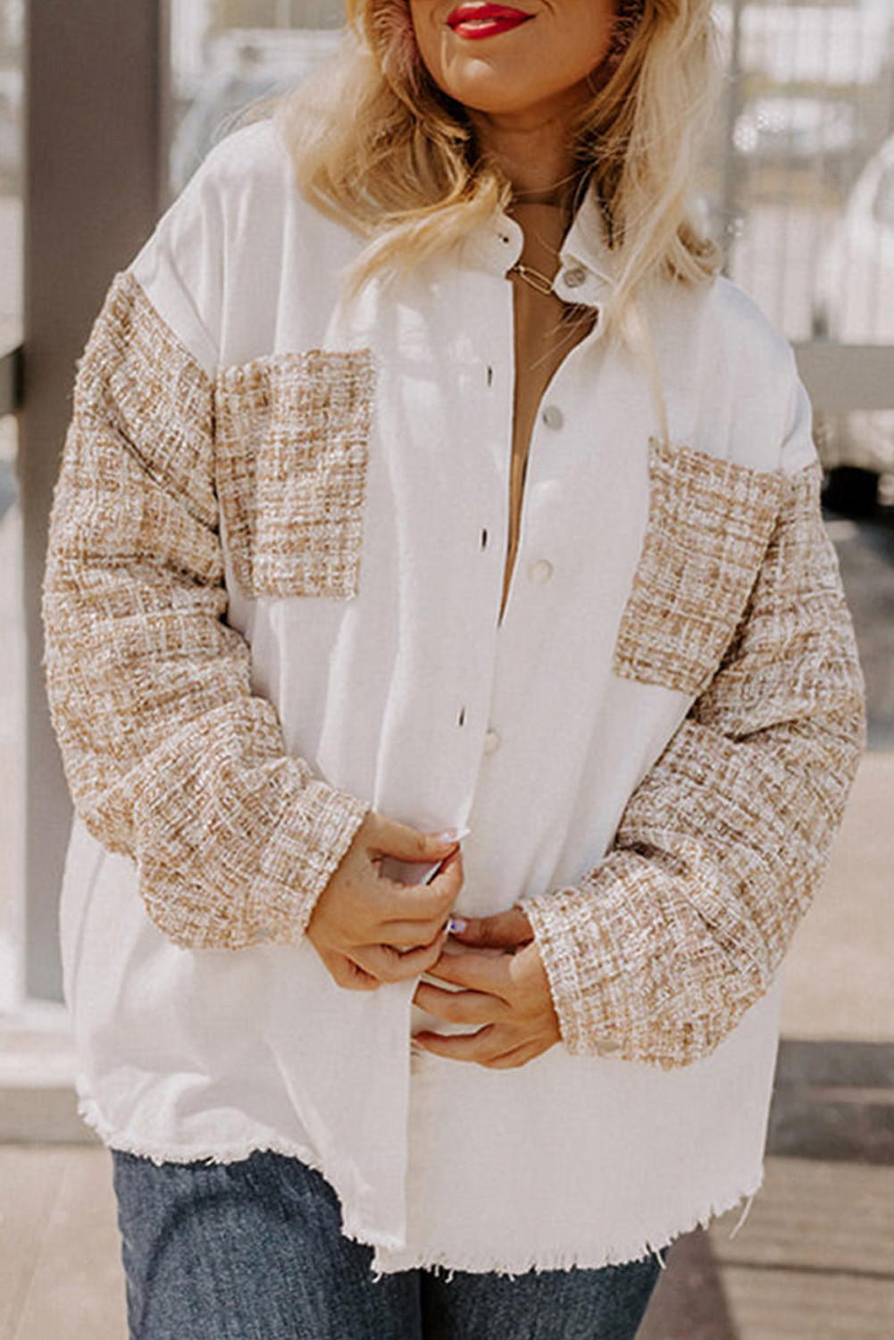 White Plus Size Tweed Patchwork Raw Hem Jacket