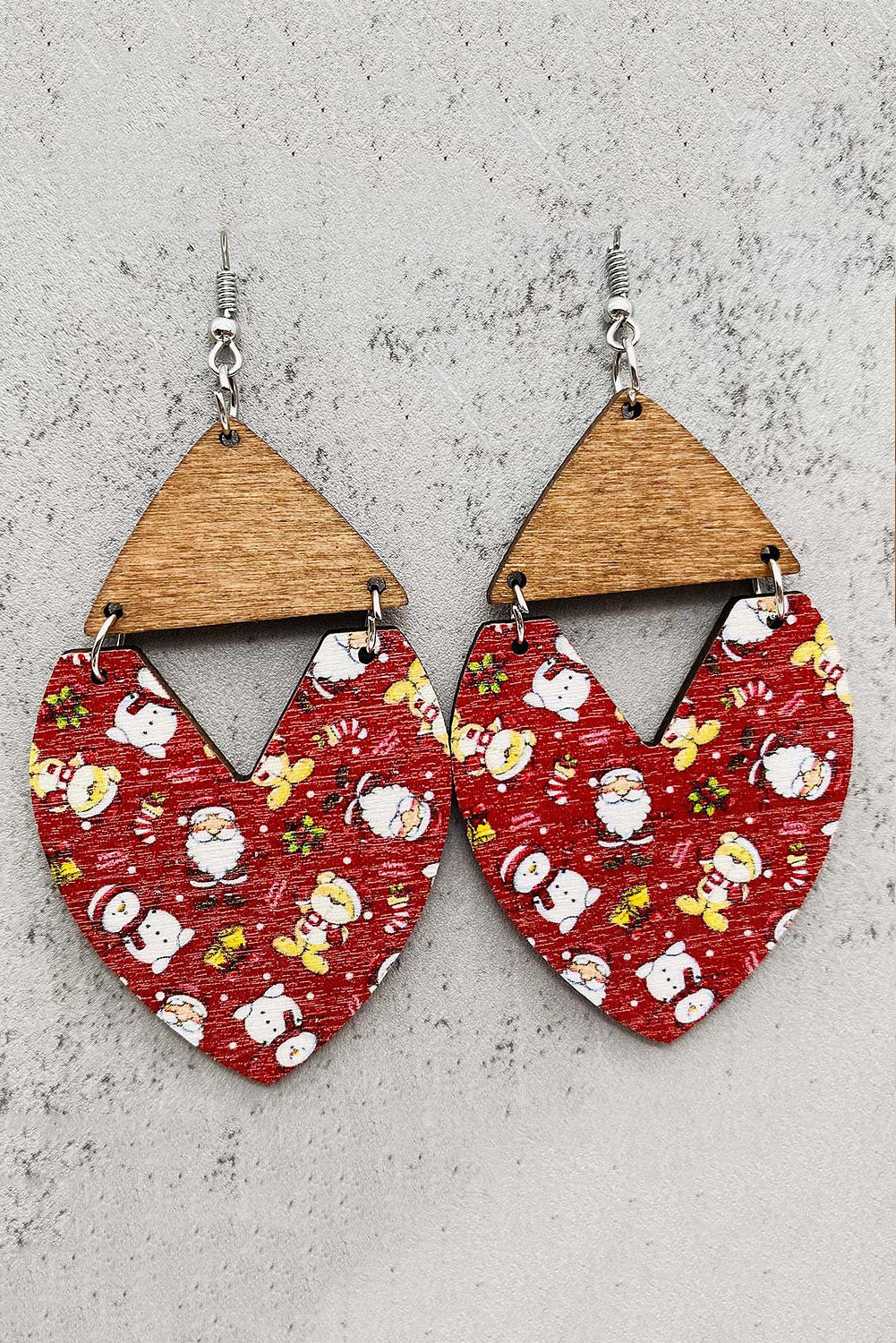 Red Christmas Santa Claus Print Wooden Hook Earrings
