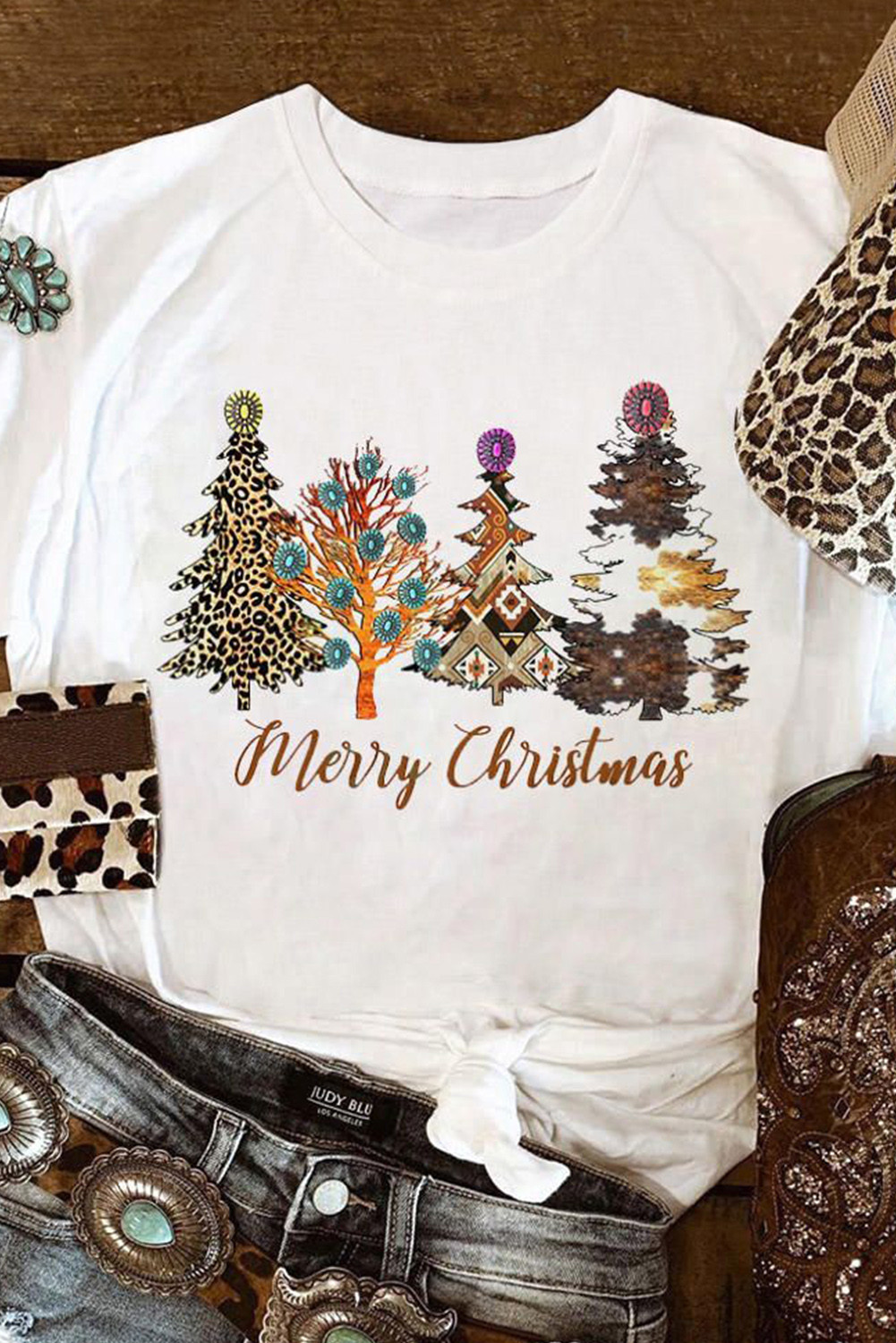 White Merry Christmas Turquoise Tree Graphic Tee