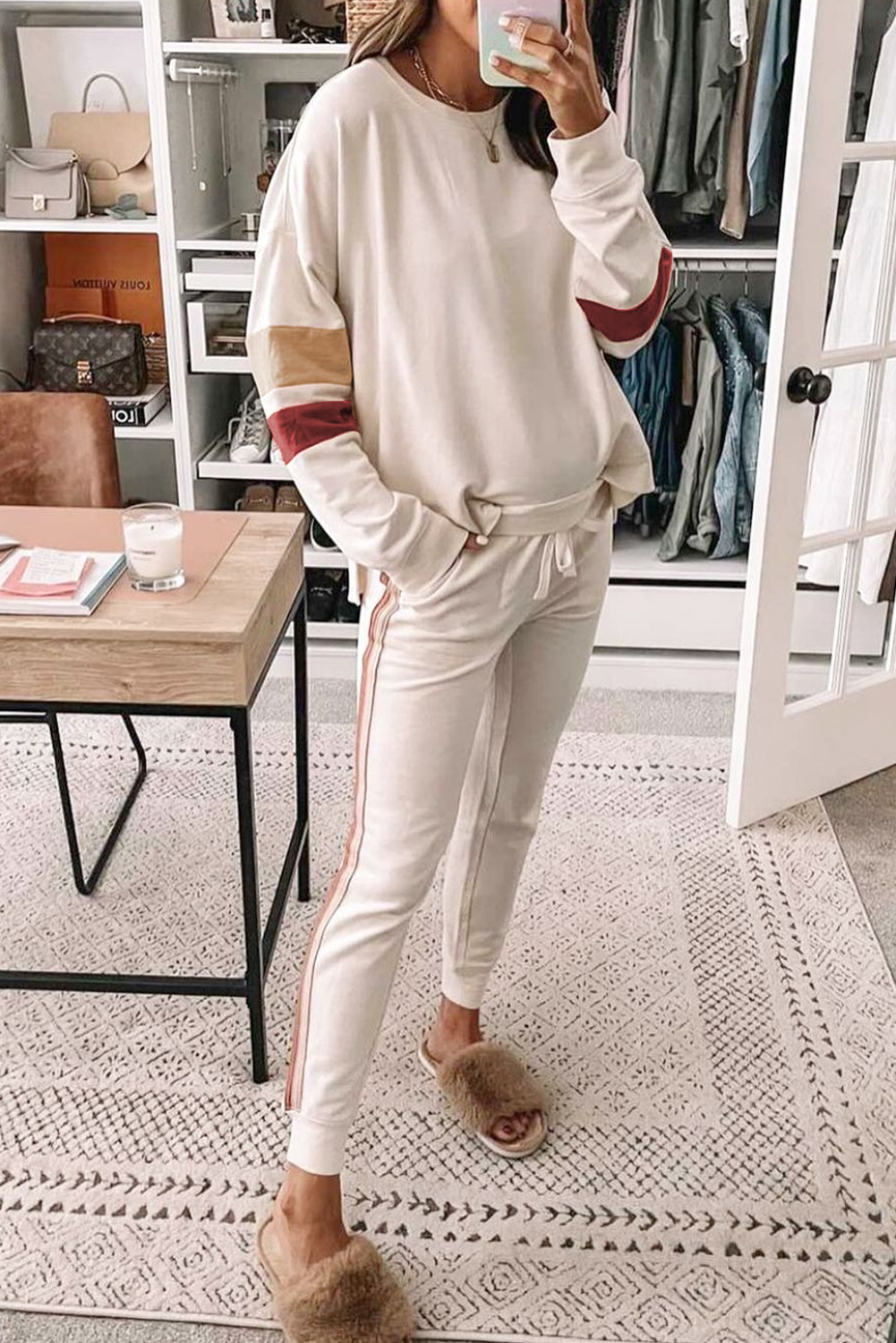 White Color Block Sleeve Contrast Trim Loungewear Set