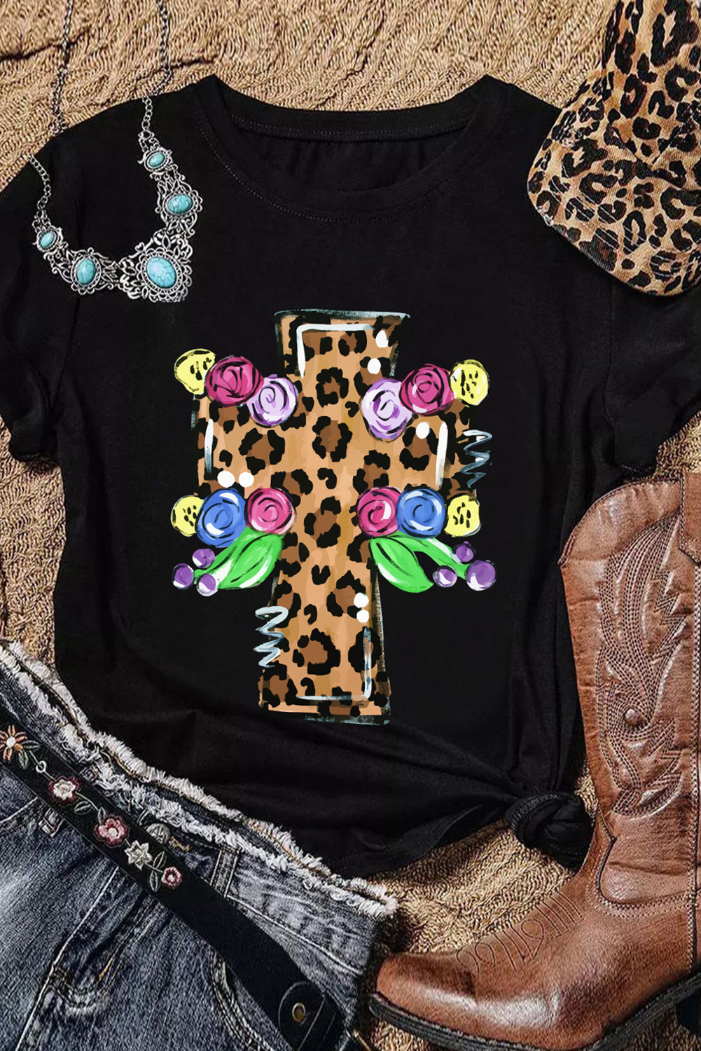 Black Floral Decor Leopard Cross Round Neck Graphic Tee