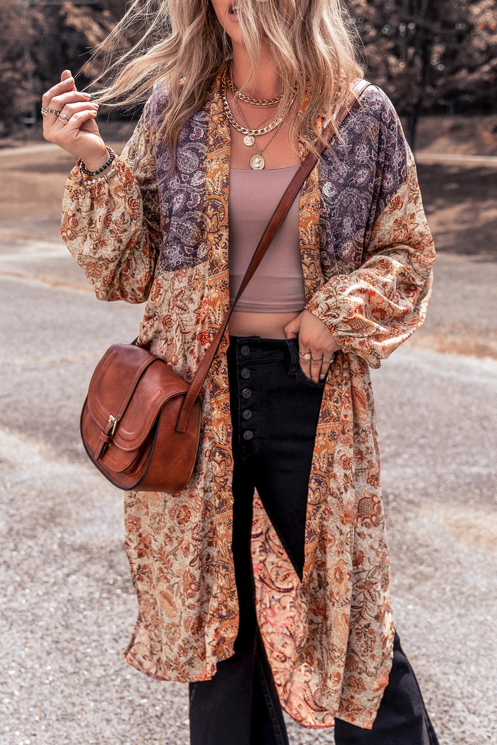 Gold Flame Bubble Sleeve Floral Print Open Front Top