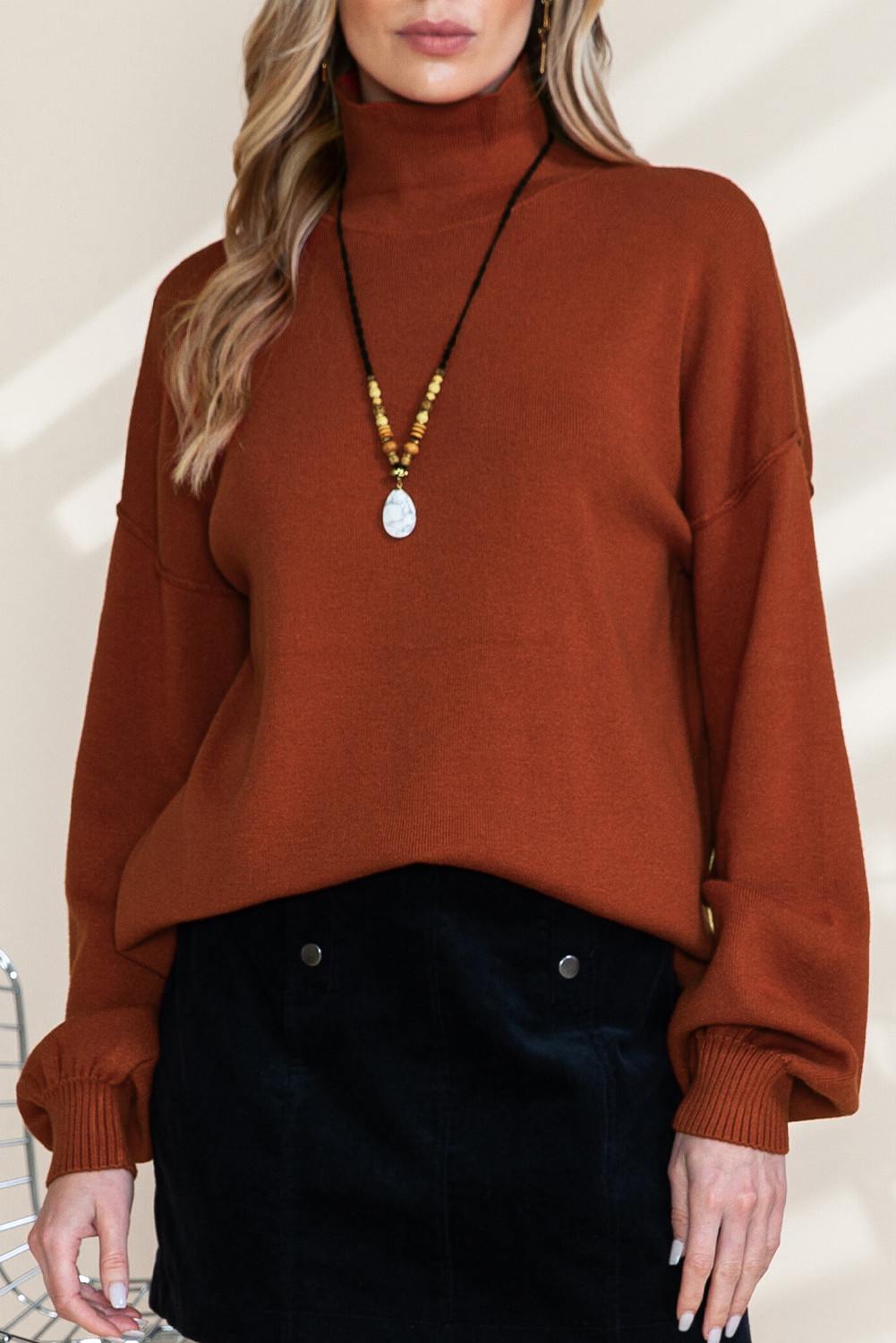 Brown Turtleneck Drop Shoulder Bubble Sleeve Knit Sweater