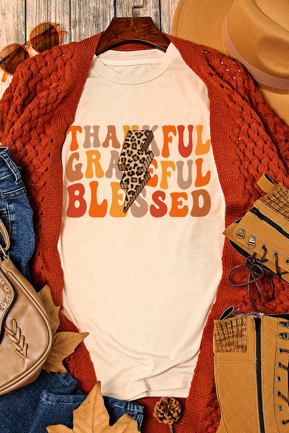 Khaki Thankful Graceful Blessed Leopard Lightning Graphic Tee