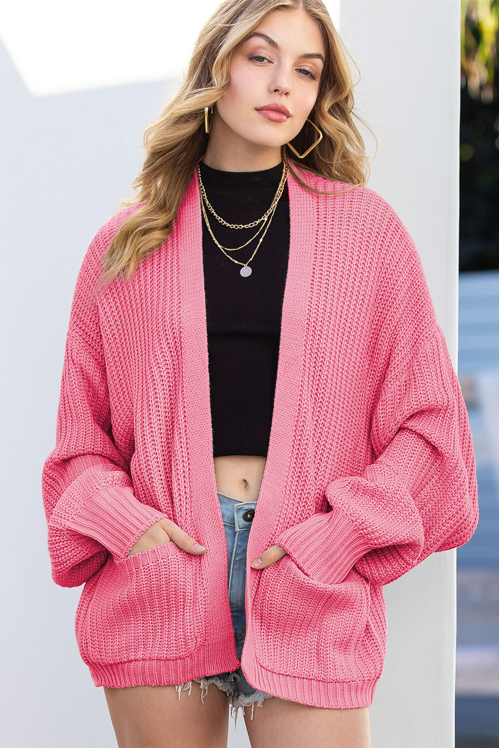 Pink Solid Pocketed Open Front Short Cardigan