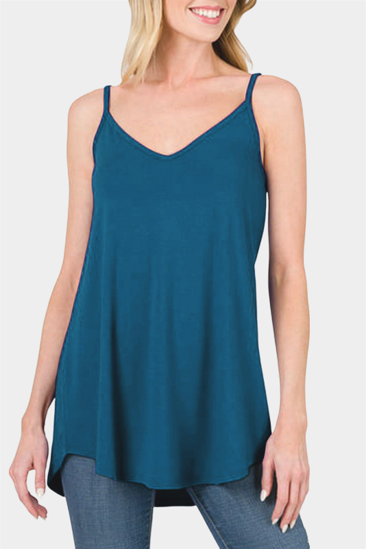 Blue Spaghetti Strap V Neck Flowy Tunic Cami Top