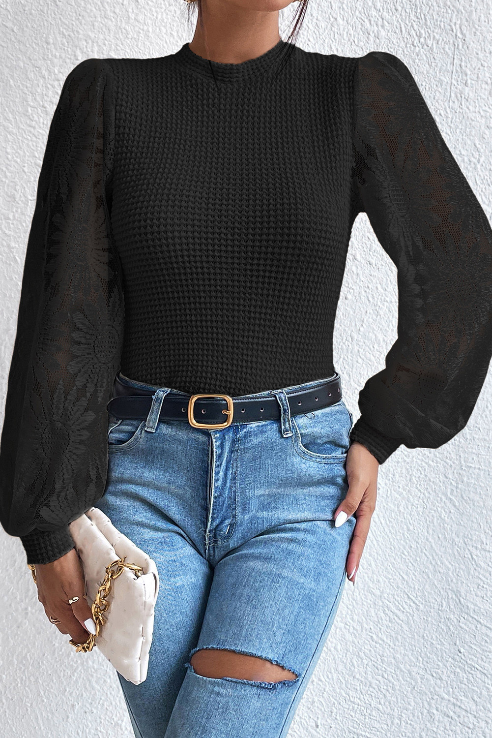 Black Sunflower Mesh Long Sleeve Waffle Knit Top