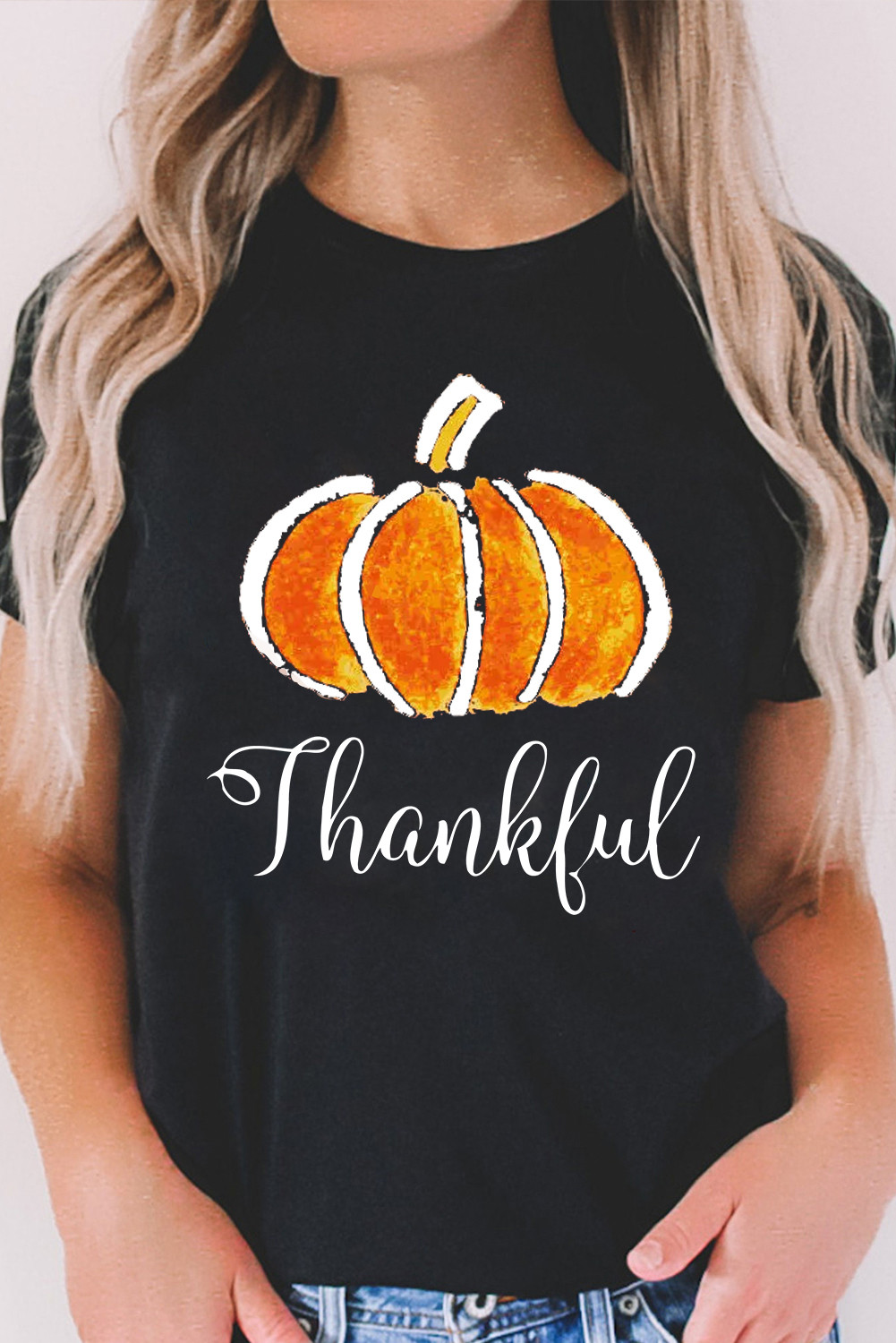 Black Thankful Pumpkin Print Crew Neck Graphic Tee