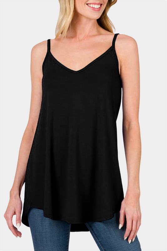 Black Spaghetti Strap V-Neck Flowy Tunic Cami Top