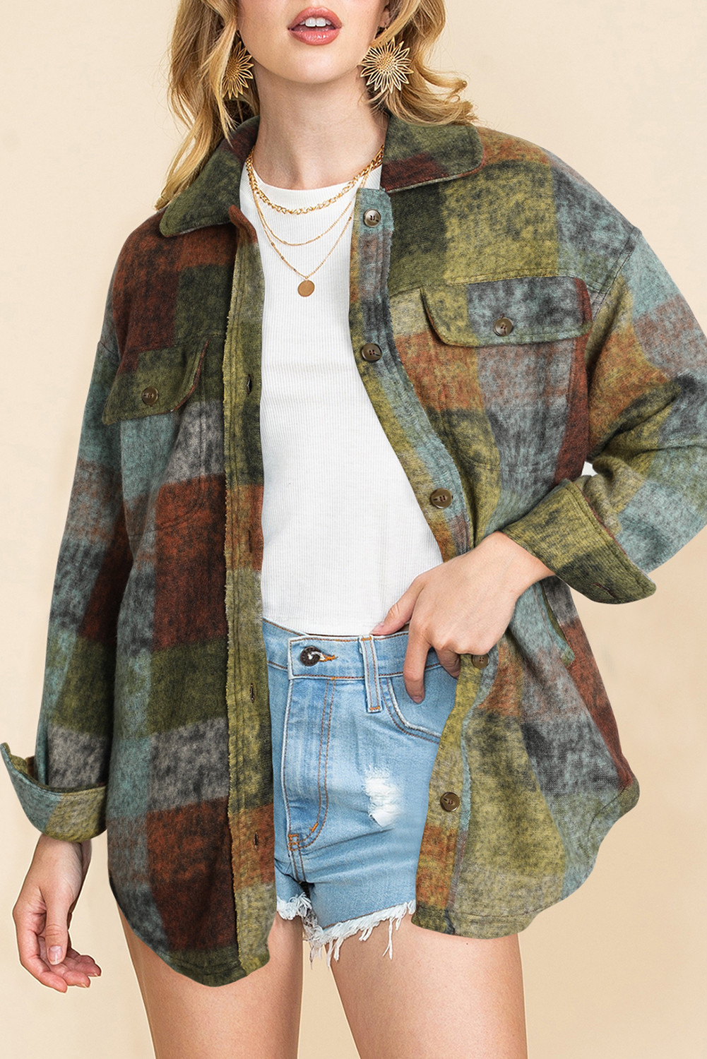 Multicolor Brushed Checked Pocketed Oversized Shacket