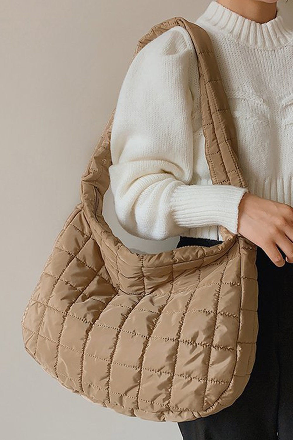 Shewin Wholesale Clothes Boutique Light French Beige Quilted Zipper Large SHOULDER BAG