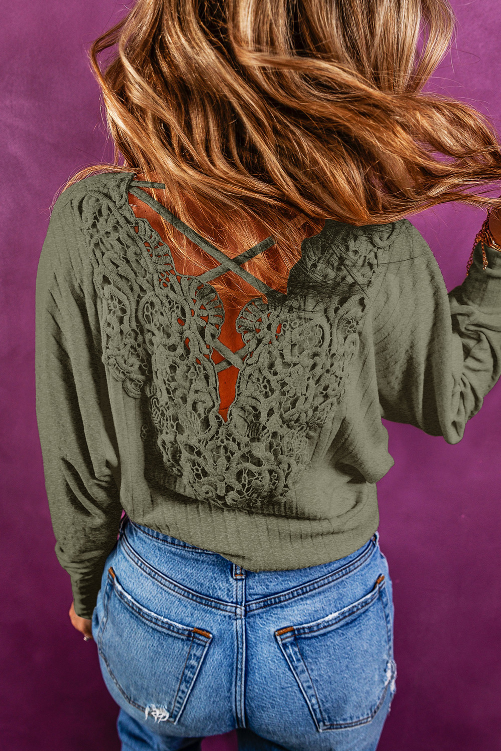 Green Lace Up Crochet Backless Ribbed Top