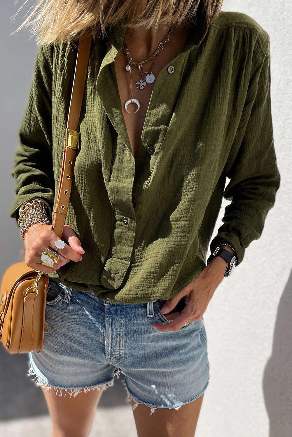 Green Crinkle Textured Button Up Long Sleeve Shirt