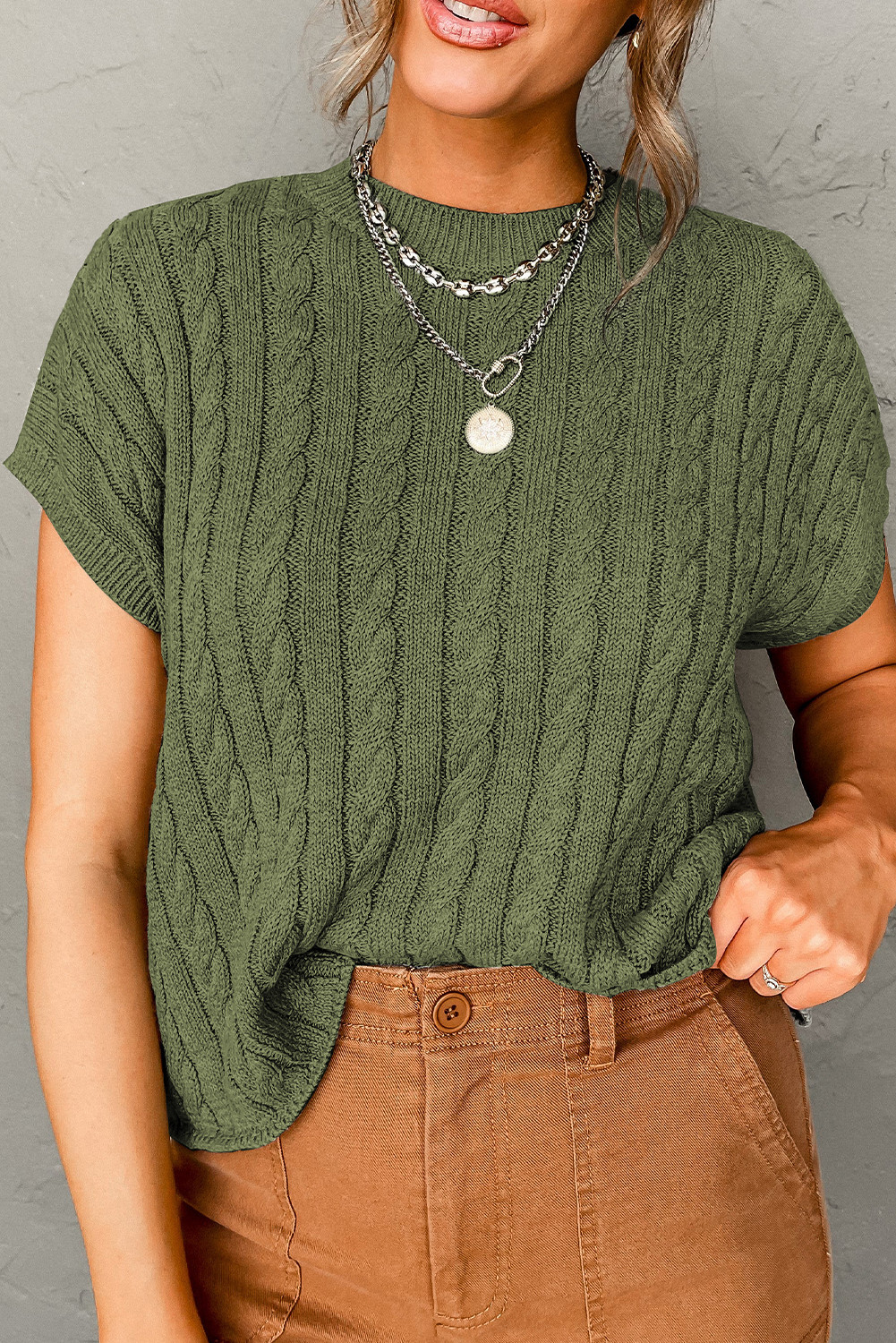 Jungle Green Cable Knit Short Sleeve Sweater