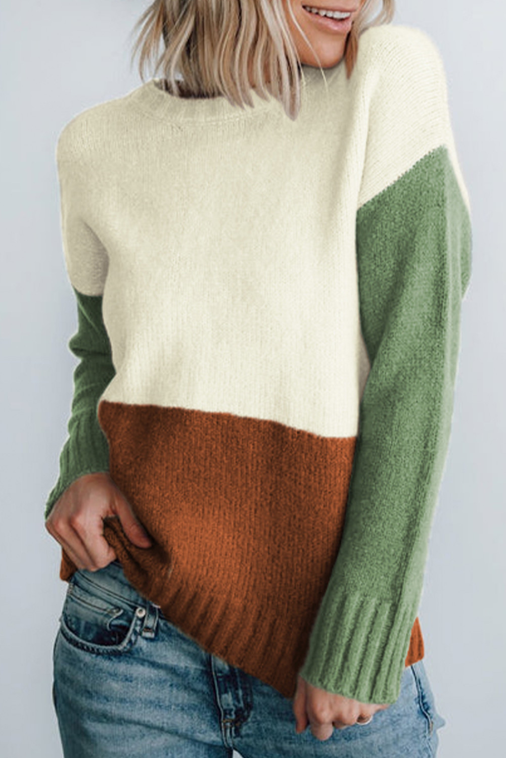 Parchment Color Block Drop Sleeve Ribbed Trim Sweater