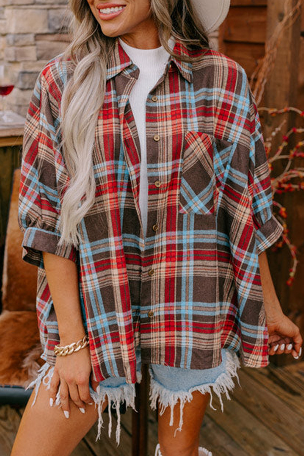 Red Plaid Button Up Half Sleeve Shirt
