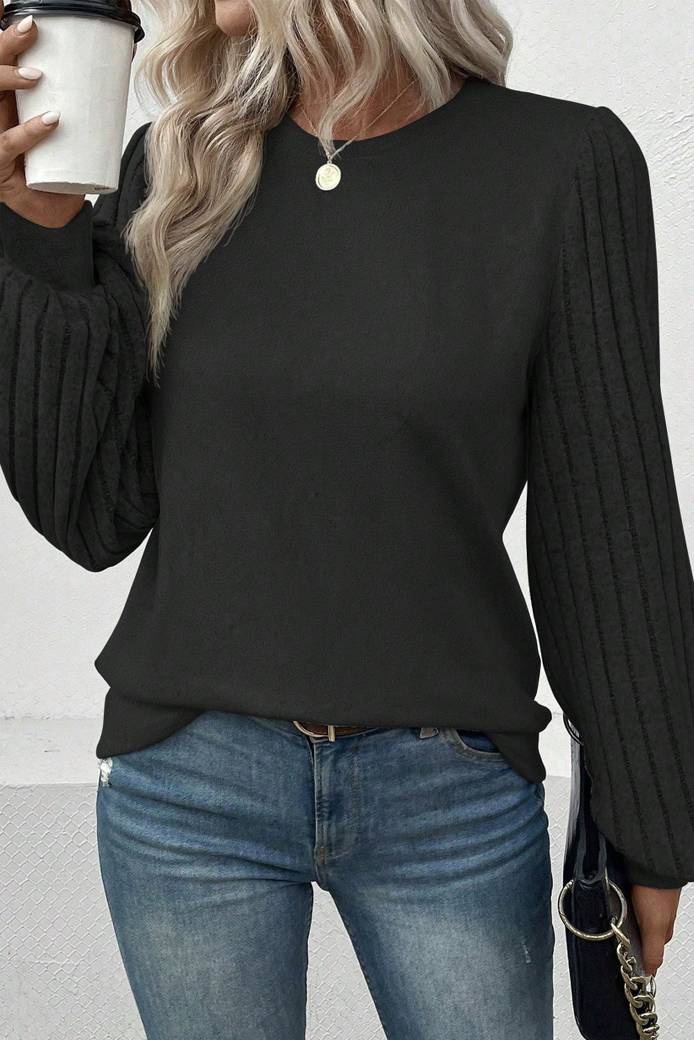 Black Solid Color Contrast Ribbed Bishop Sleeve Top