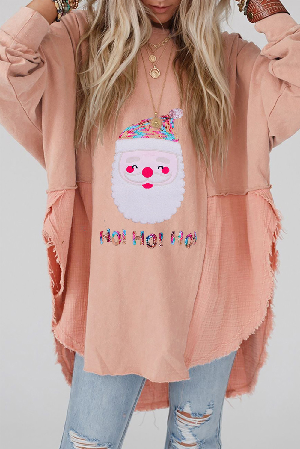 Orange Raw Hem Patchwork Sequined Santa Graphic Top