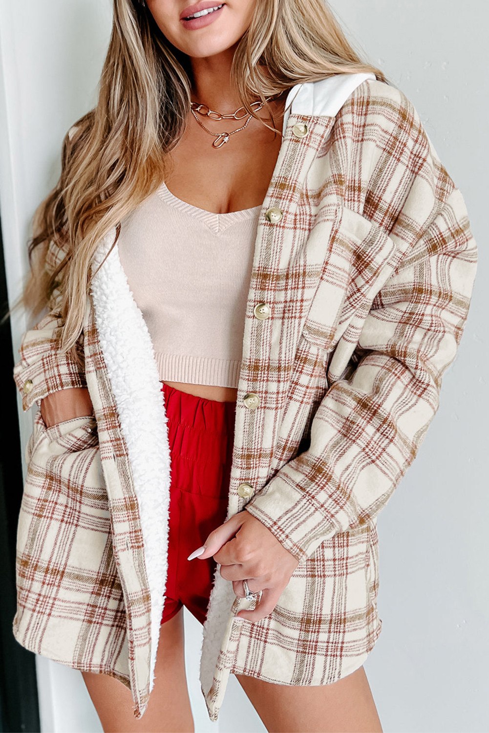 Red Plaid Sherpa Lined Pocket Hooded Jacket