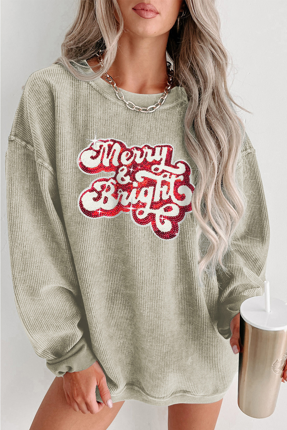 Green Merry & Bright Sequined Ribbed Graphic Sweatshirt