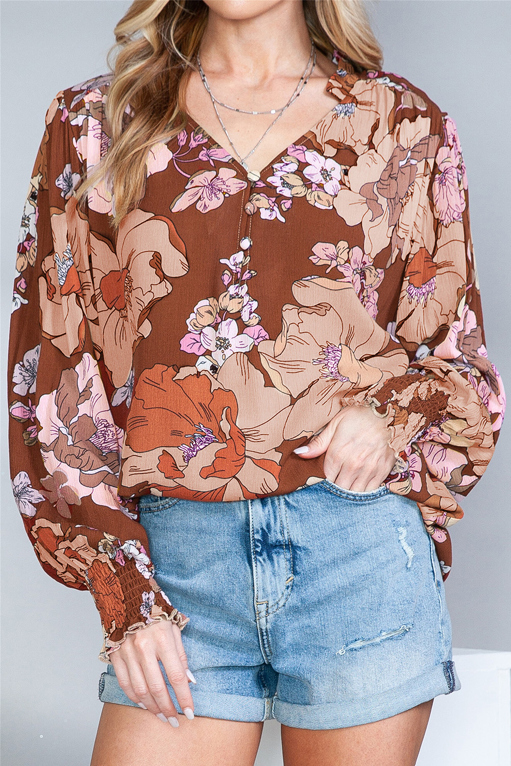 Brown Floral Print Puff Sleeve Frilled Boho Blouse