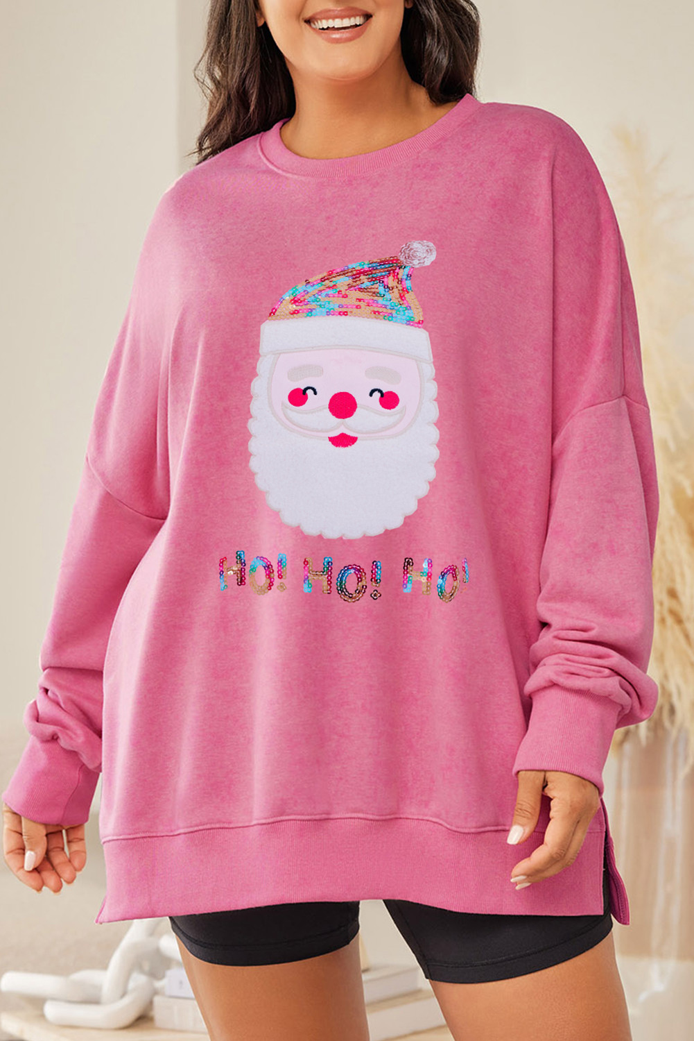 Pink Sequined Santa Plus Size Christmas Graphic Sweatshirt