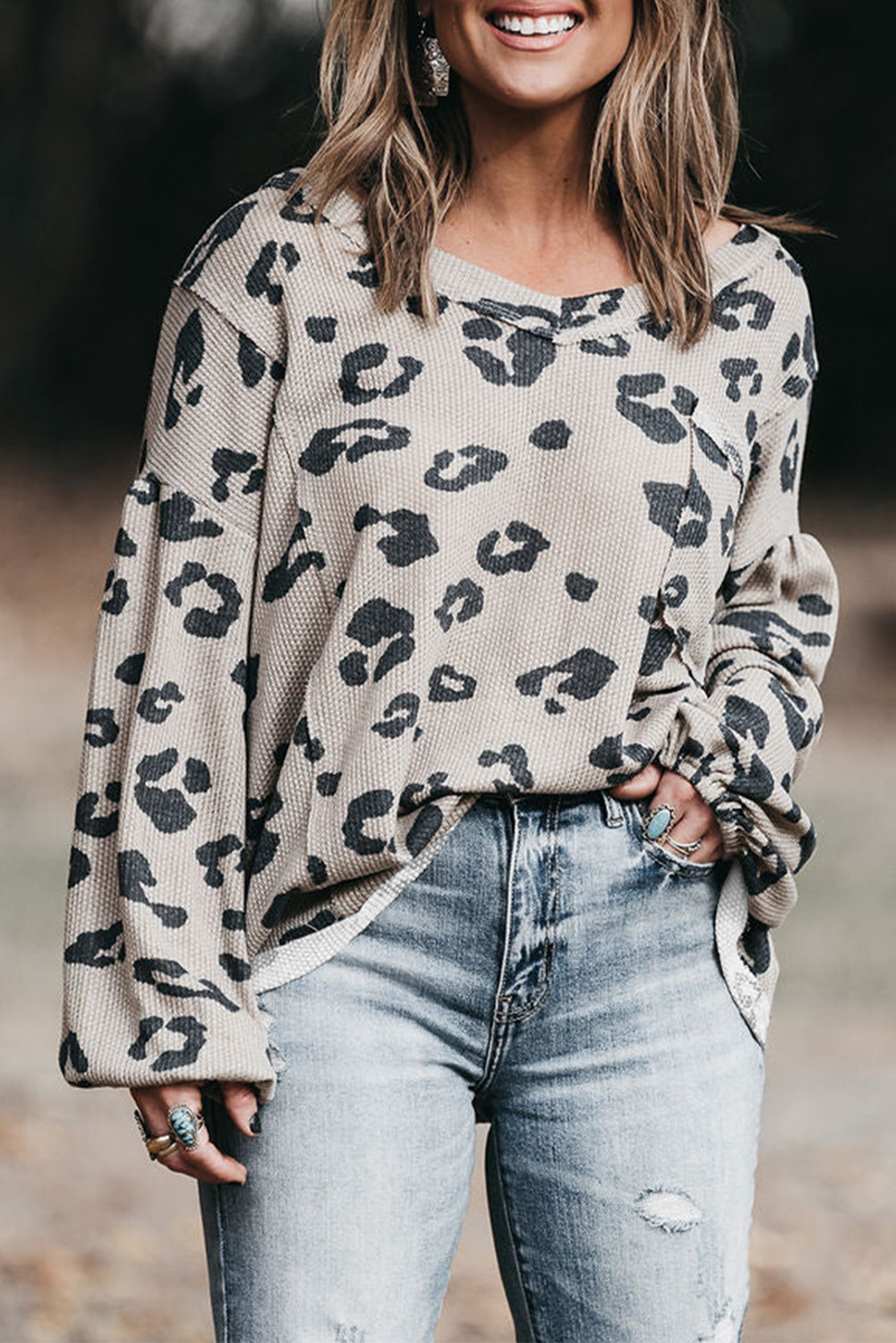 Gray Leopard Drop Shoulder Puff Sleeve Plus Size Pullover