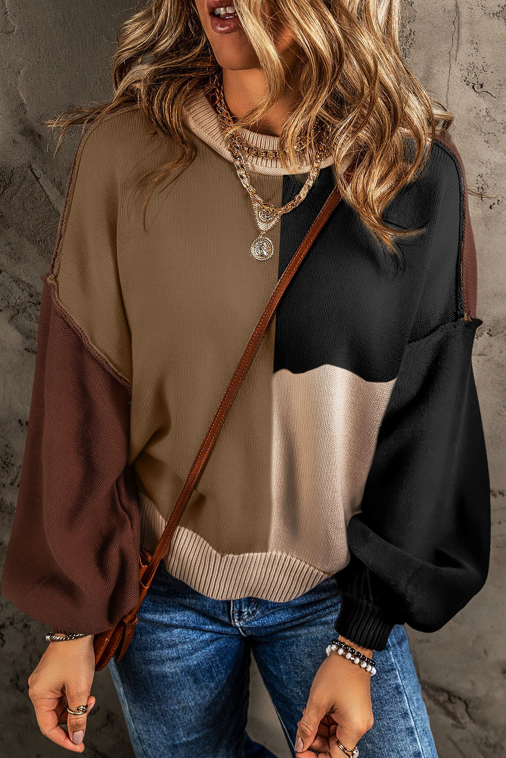 Shewin Wholesale Clothing Vendors Chicory Coffee Colorblock Exposed Seam BALLOON Sleeve Sweater