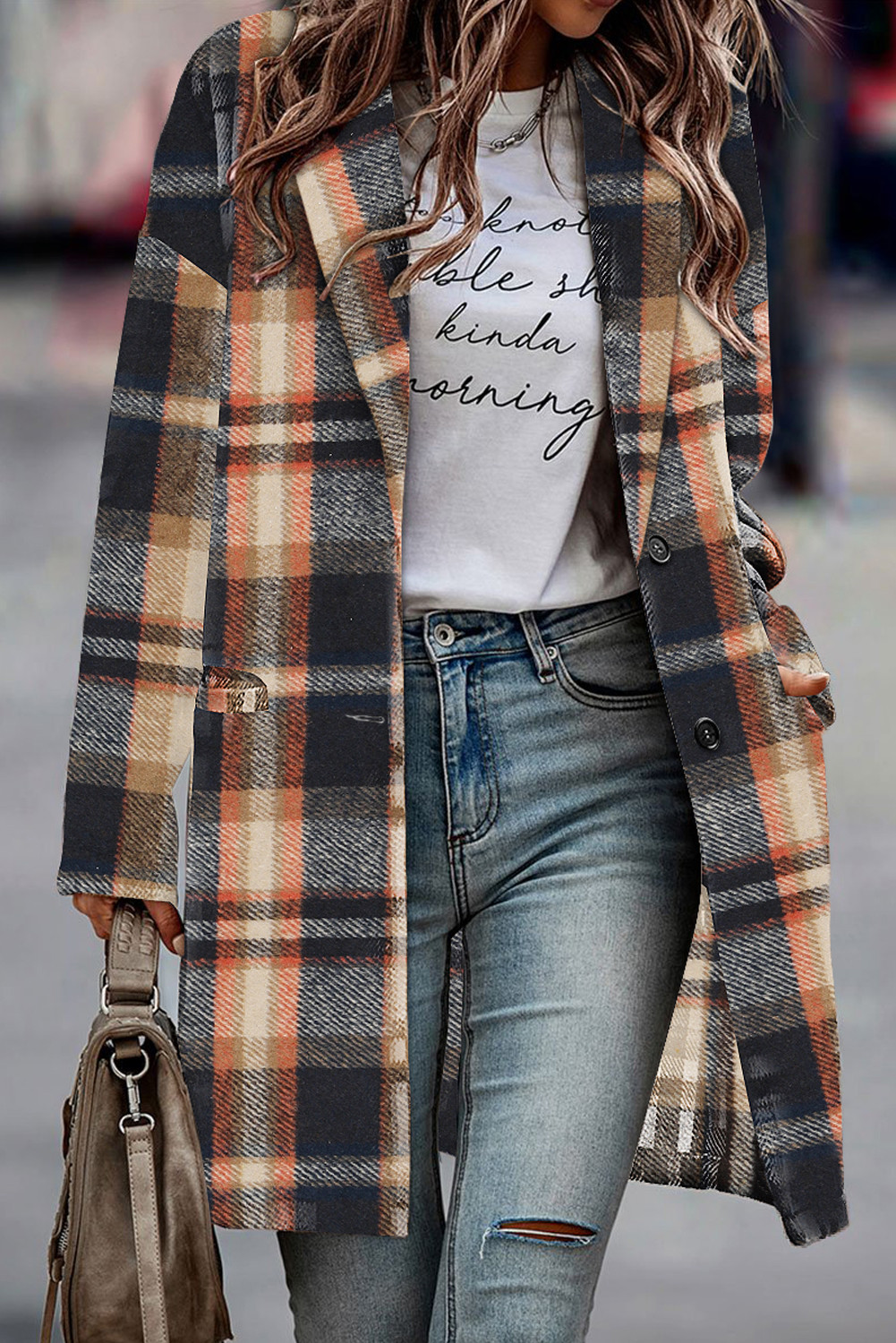 Multicolor Plaid Button Up Lapel Collar Long Jacket