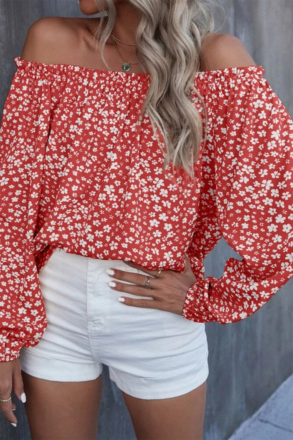 Red Floral Print Frill Off Shoulder Lantern Sleeve Blouse