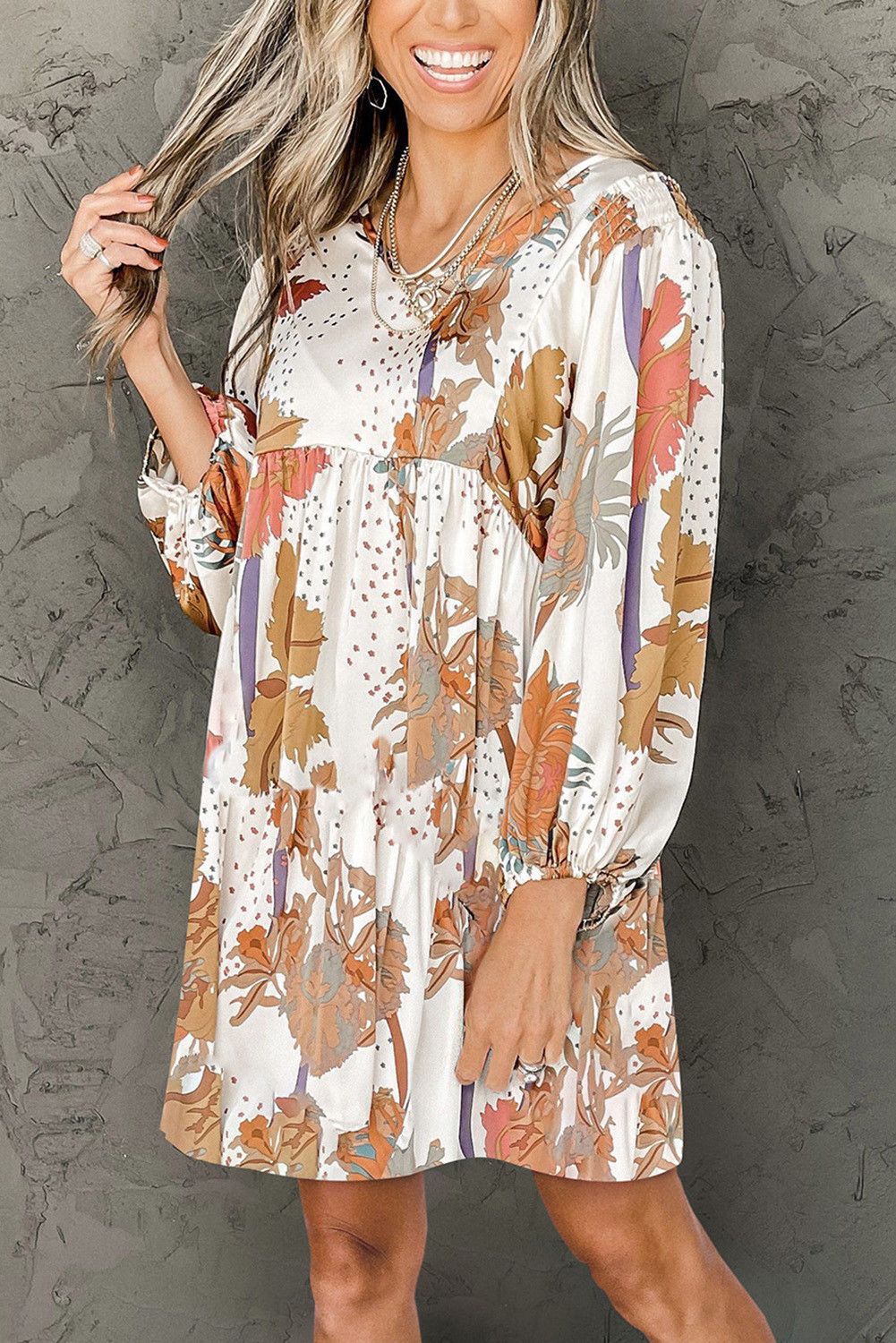 Multicolor Floral Dotted Print Empire Waist Mini Dress