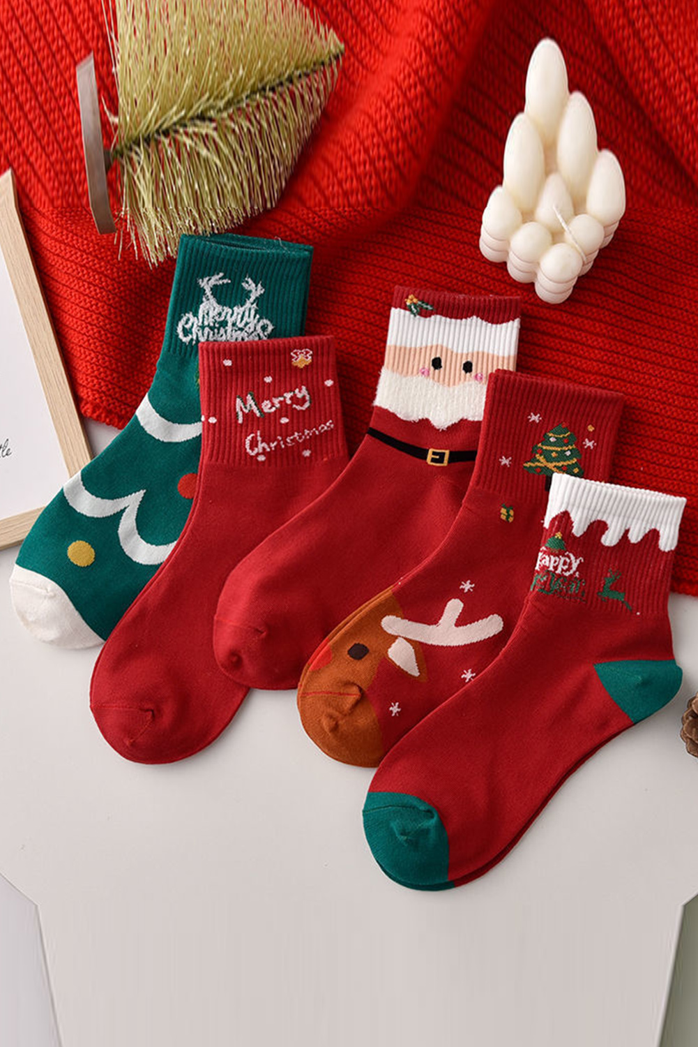 Red 5Pcs Merry Christmas Cartoon Print SOCKS