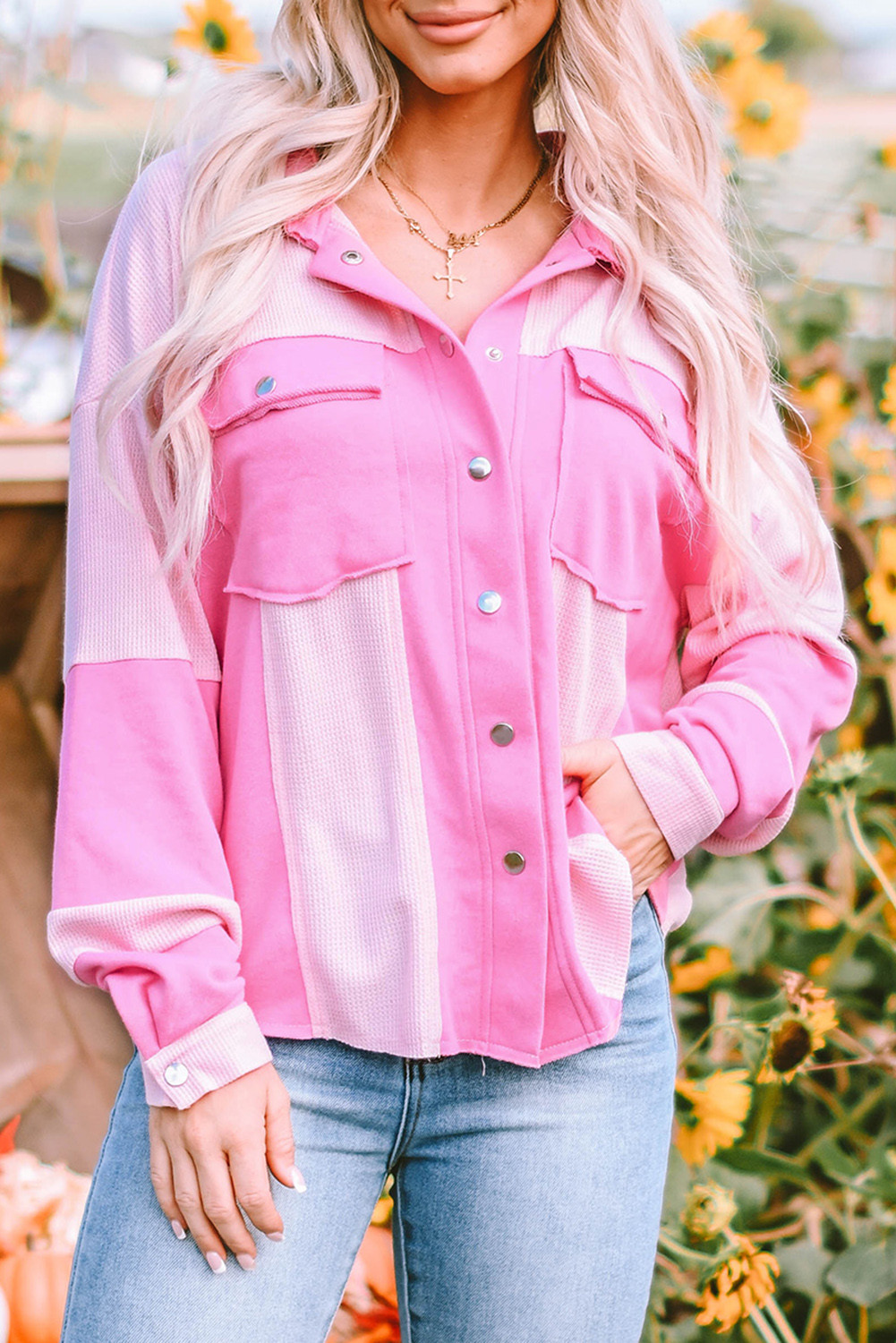 Pink Colorblock Waffle Patchwork Flap Pocket Shacket