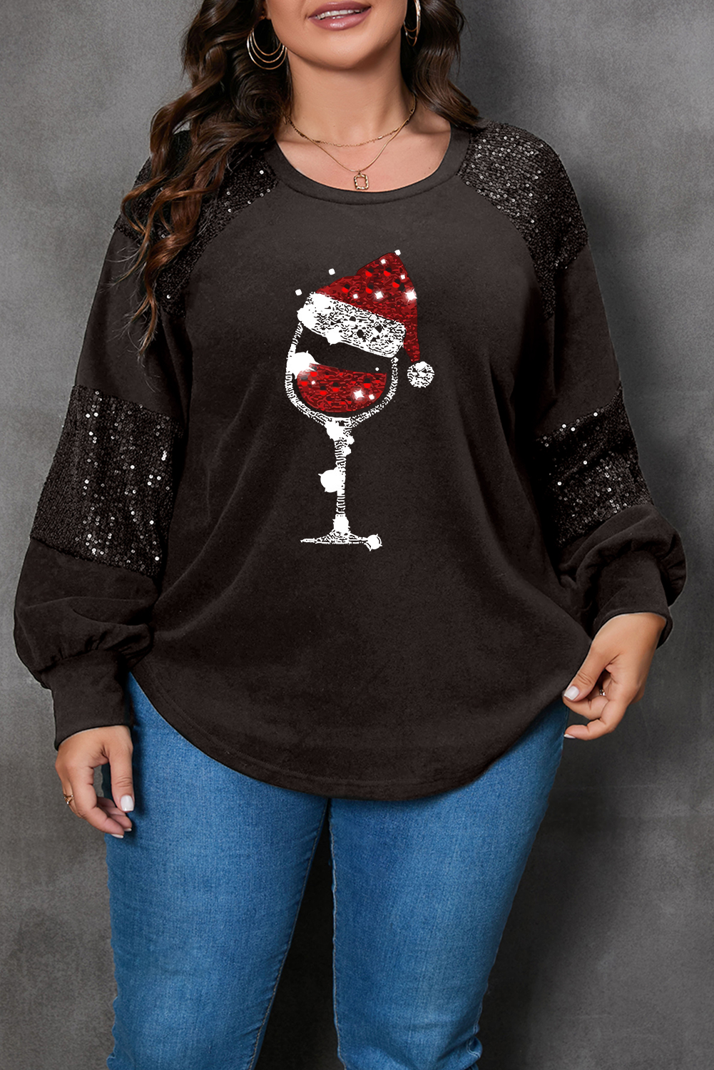 Black Christmas Beverage Graphic Sequin Patched Sleeve Plus Size Top