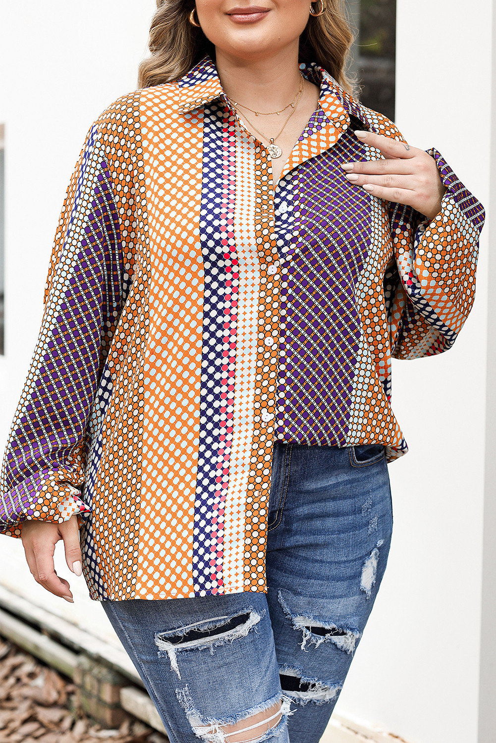 Brown Plus Size Mix Dotted Patchwork Button Up Shirt