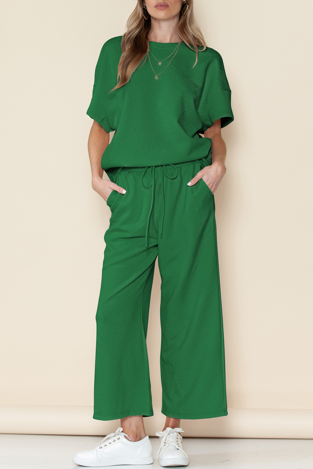 Shewin Wholesale Clothes Dark Green Textured Loose Fit T SHIRT and Drawstring Pants Set
