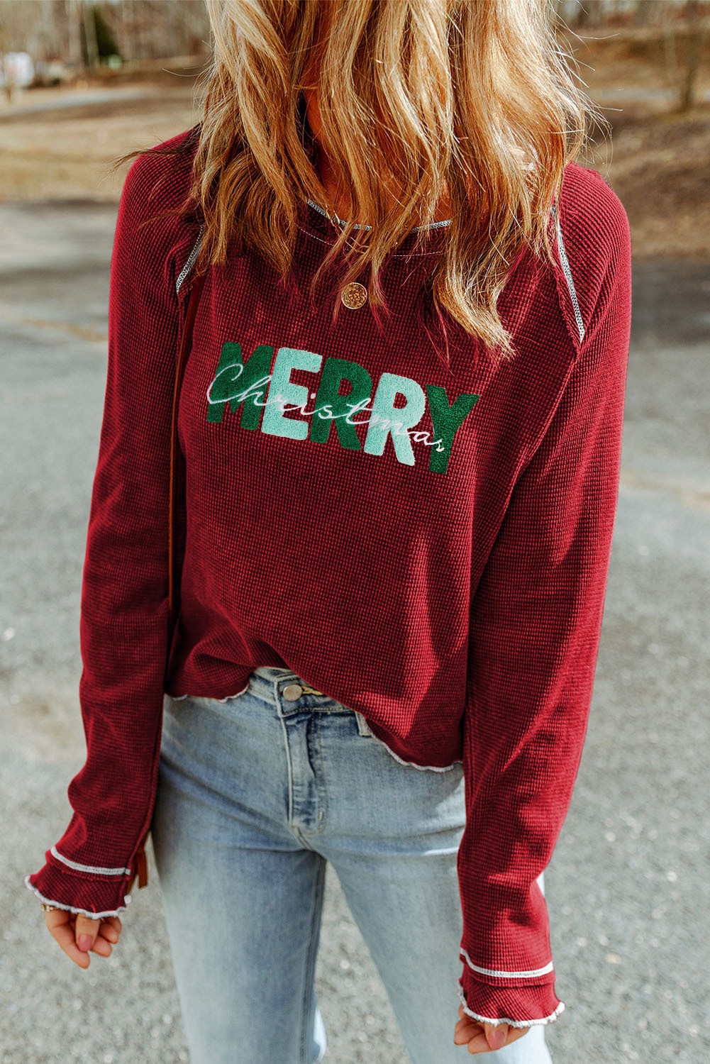 Red Waffle MERRY Christmas Ruffle Long Sleeve Graphic Top