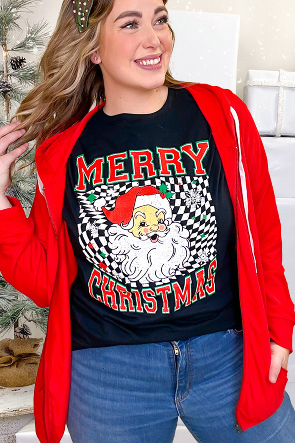 Black Santa Claus Merry Christmas Crewneck Graphic Tee