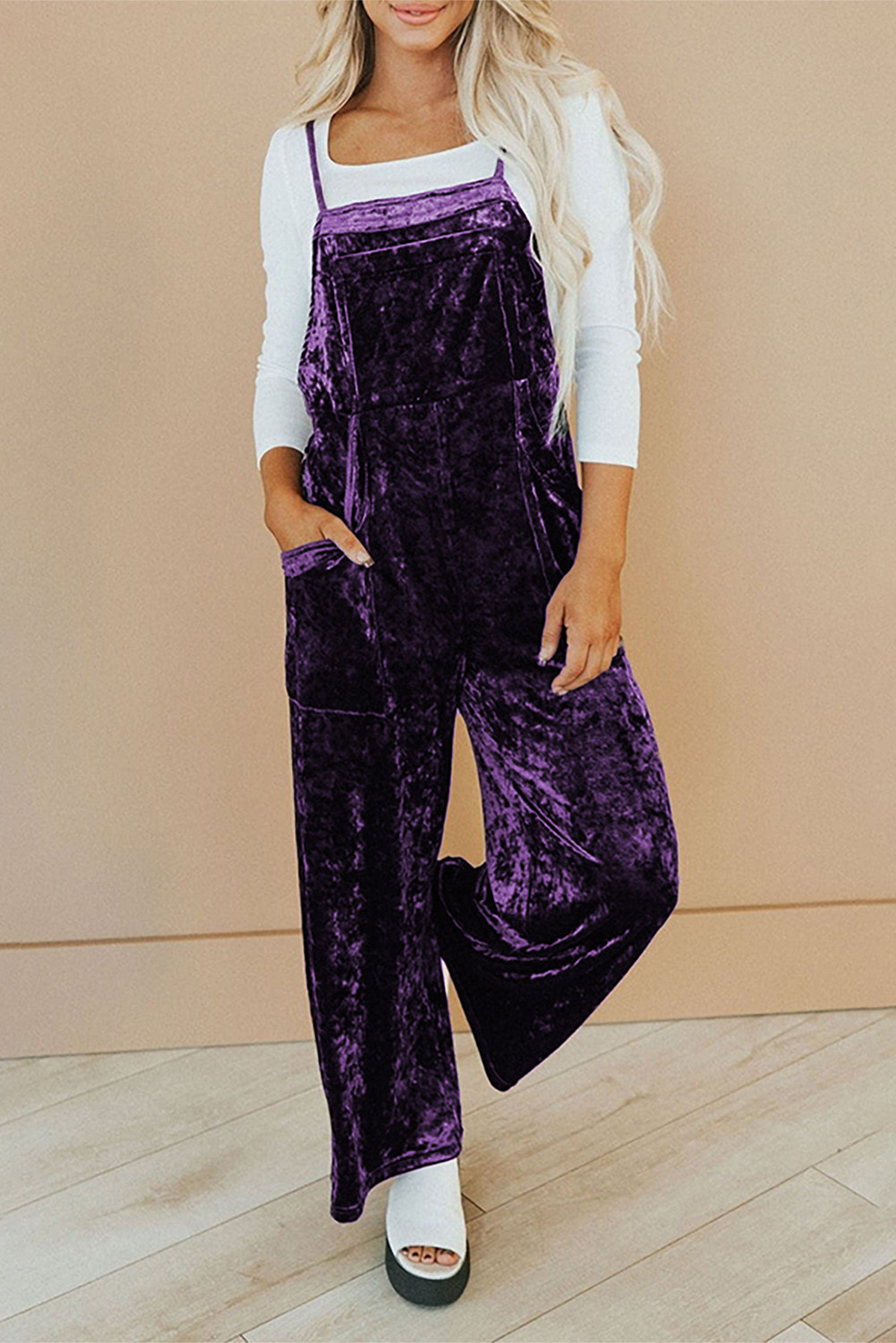 Tillandsia Purple Vintage Thin Straps Side Pockets Velvet Jumpsuit