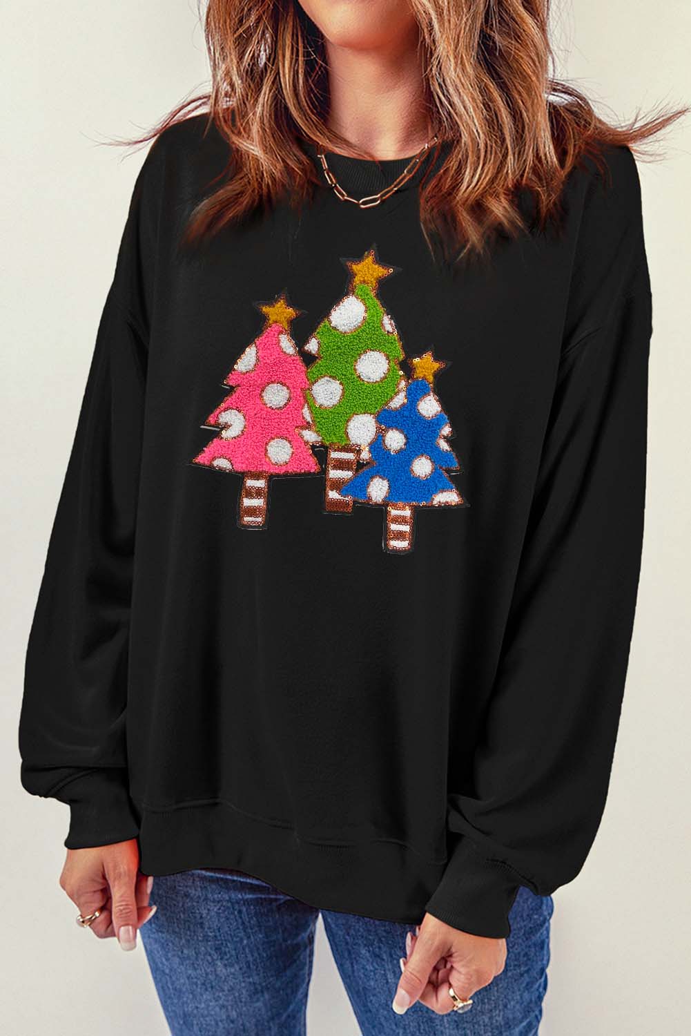 Black CHRISTMAS Tree Graphic Crew Neck Sweatshirt