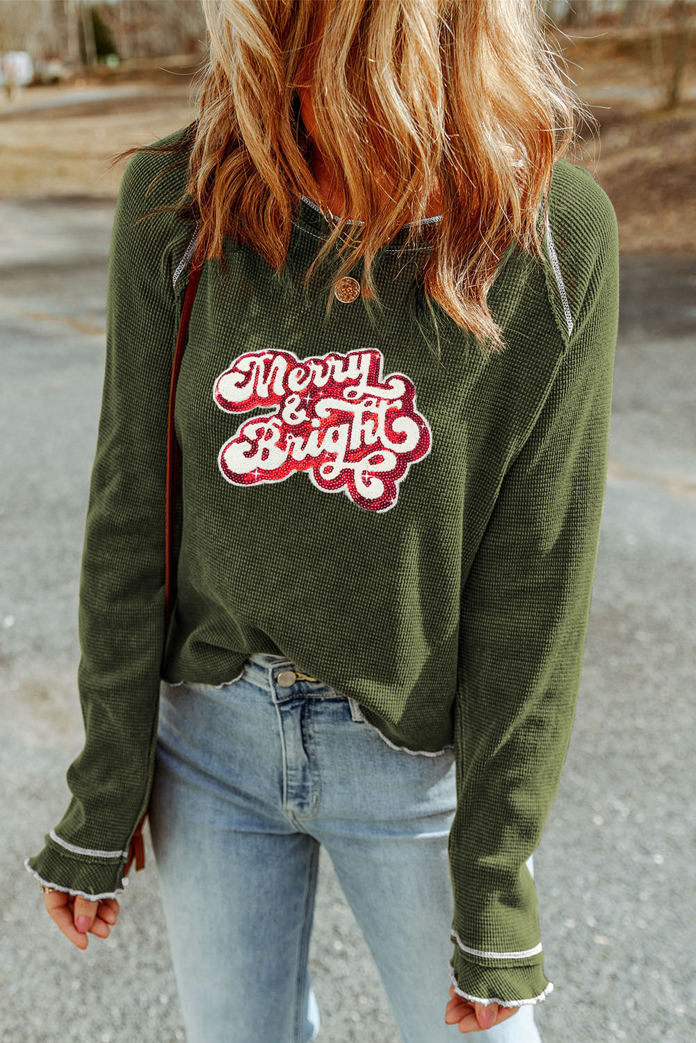 Green Waffle Exposed Seam Merry & Bright Sequins Graphic Top