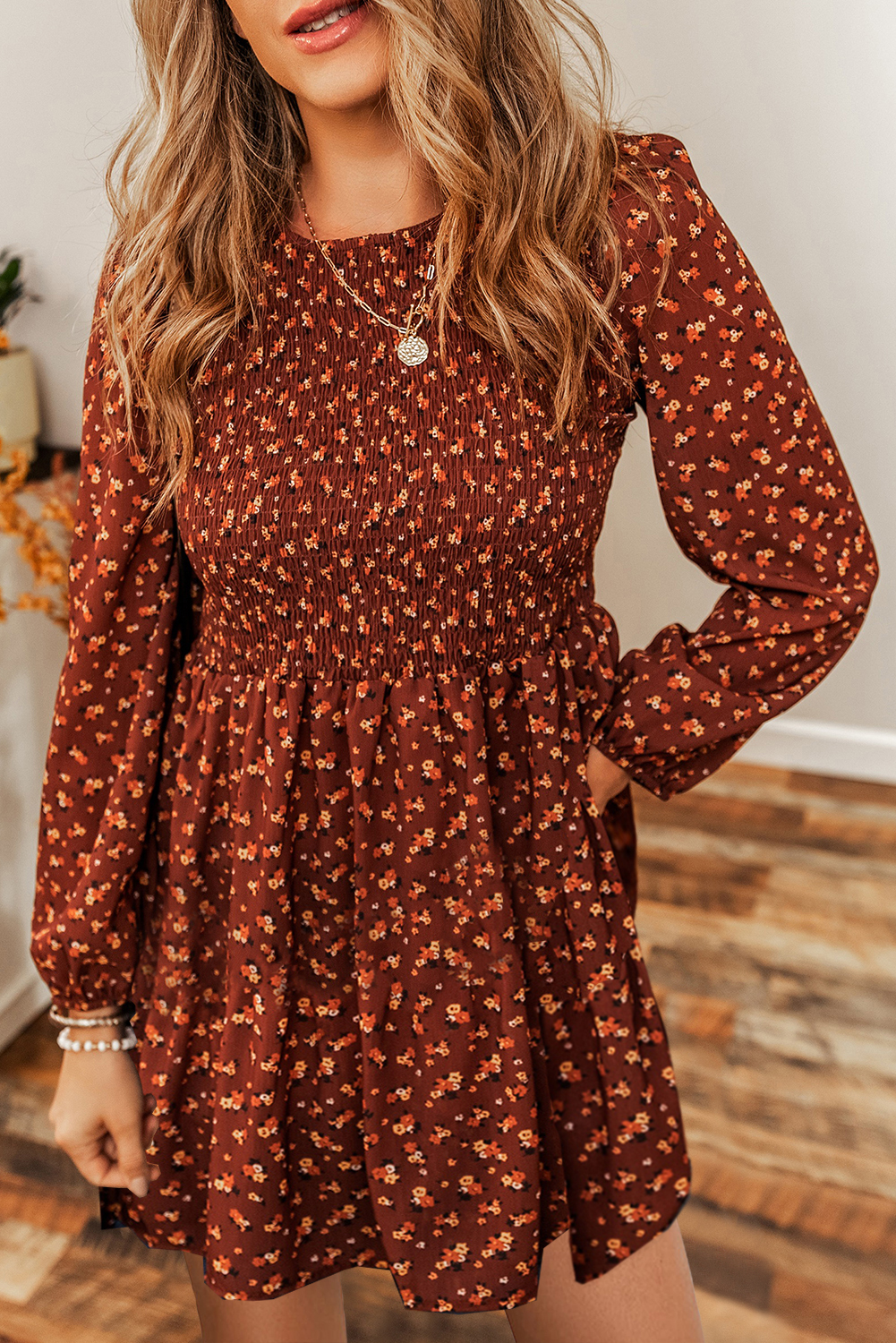  Brown Ditsy Floral Smocked Puff Sleeve Mini DRESS