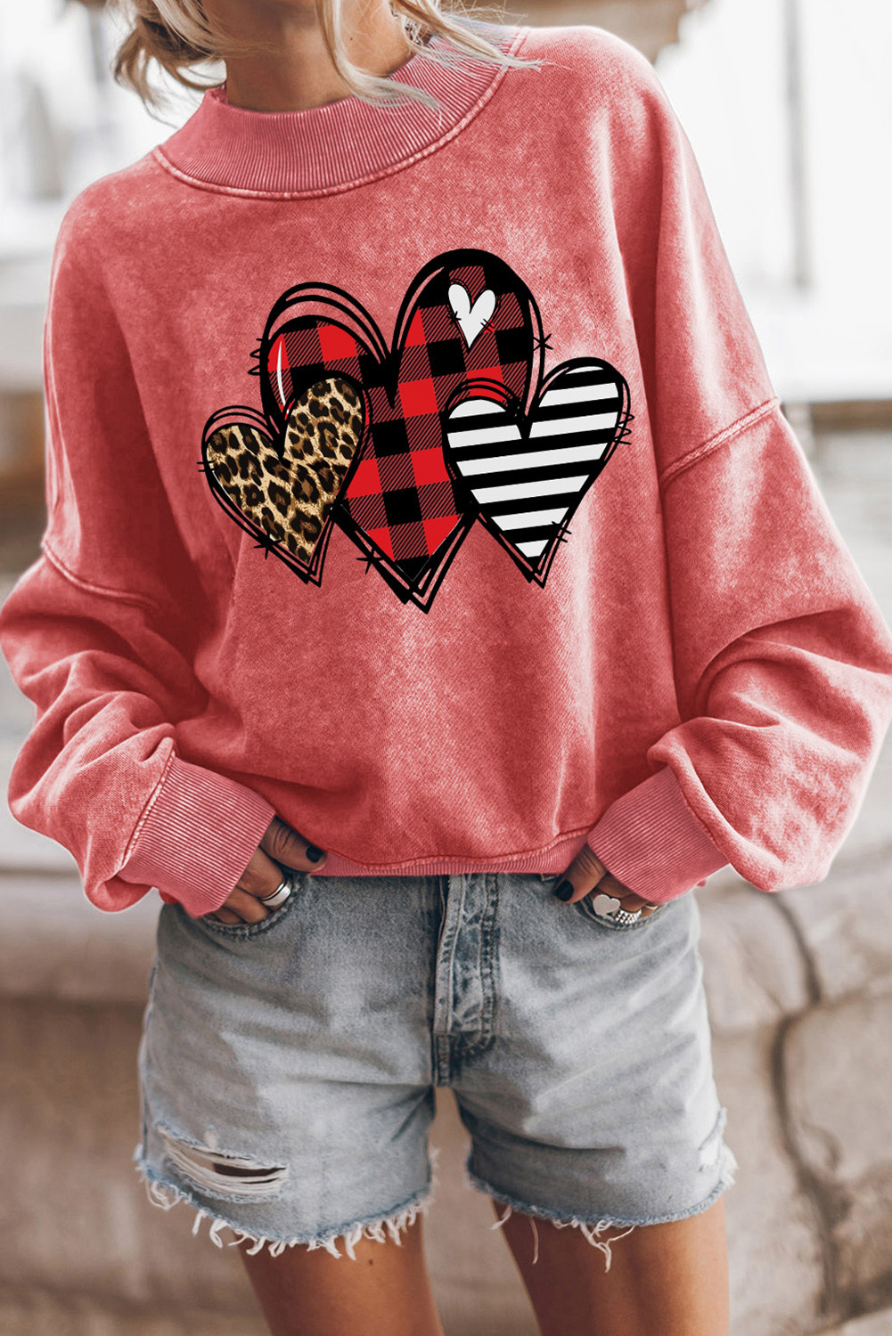 Red Valentine Heart Print Graphic Drop Shoulder Sweatshirt