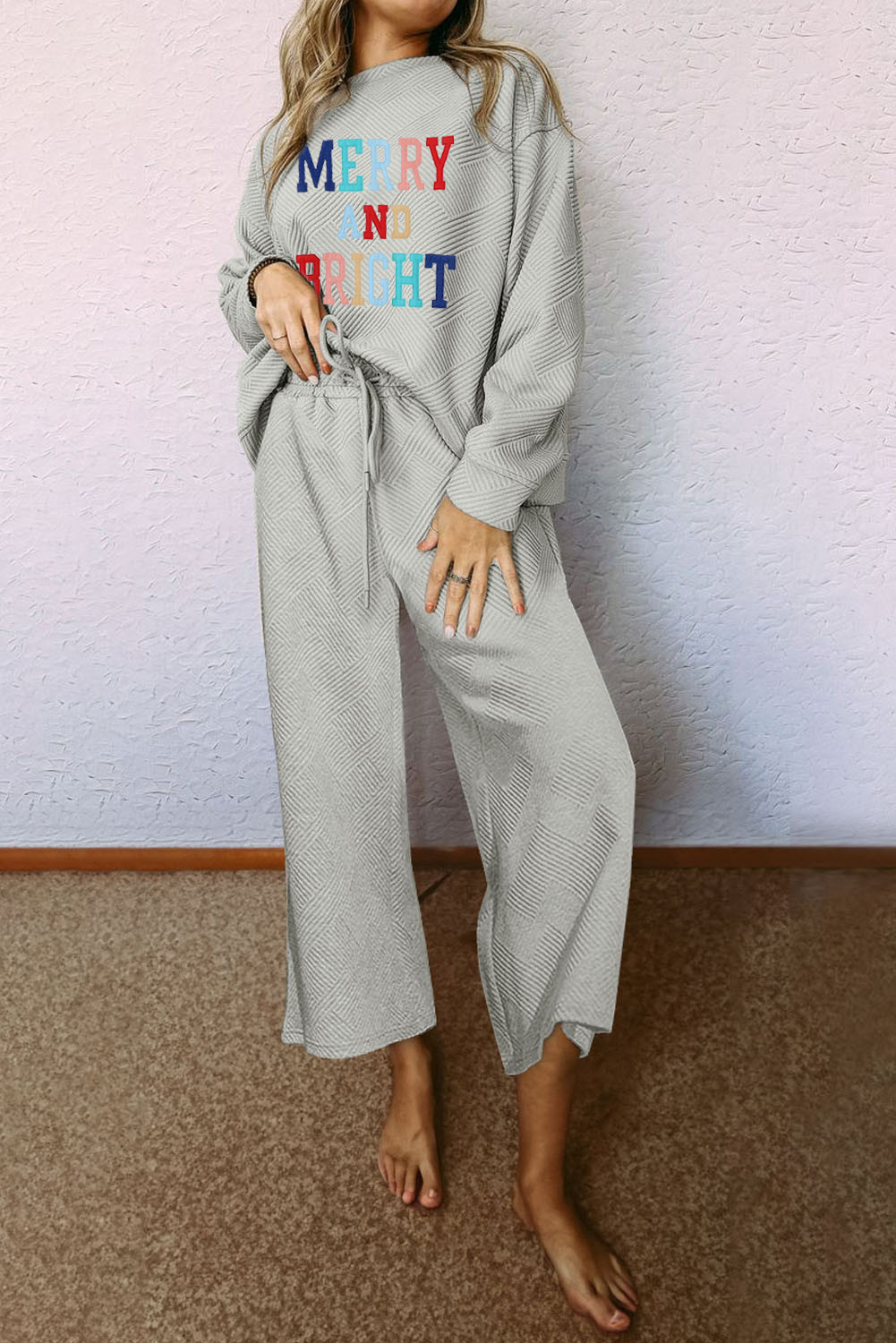 Gray Textured MERRY AND BRIGHT Stitching Graphic Pants Set