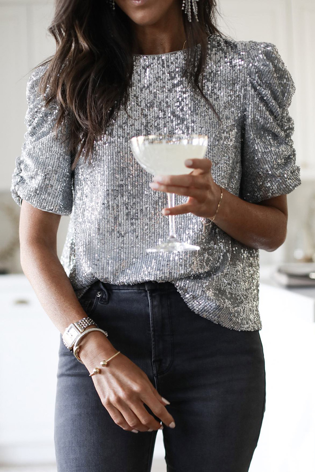  Silvery Ruched Puff Sleeve Sequins Short Sleeve SHIRT