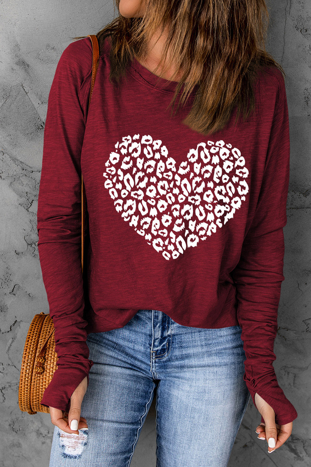 Red Leopard Heart Graphic Raglan Long Sleeve Top