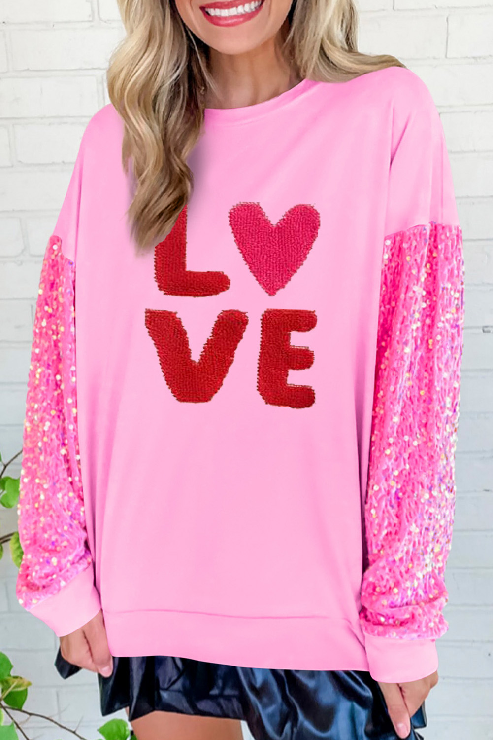  Pink VALENTINEs LOVE Graphic Sequin Sleeve Sweatshirt