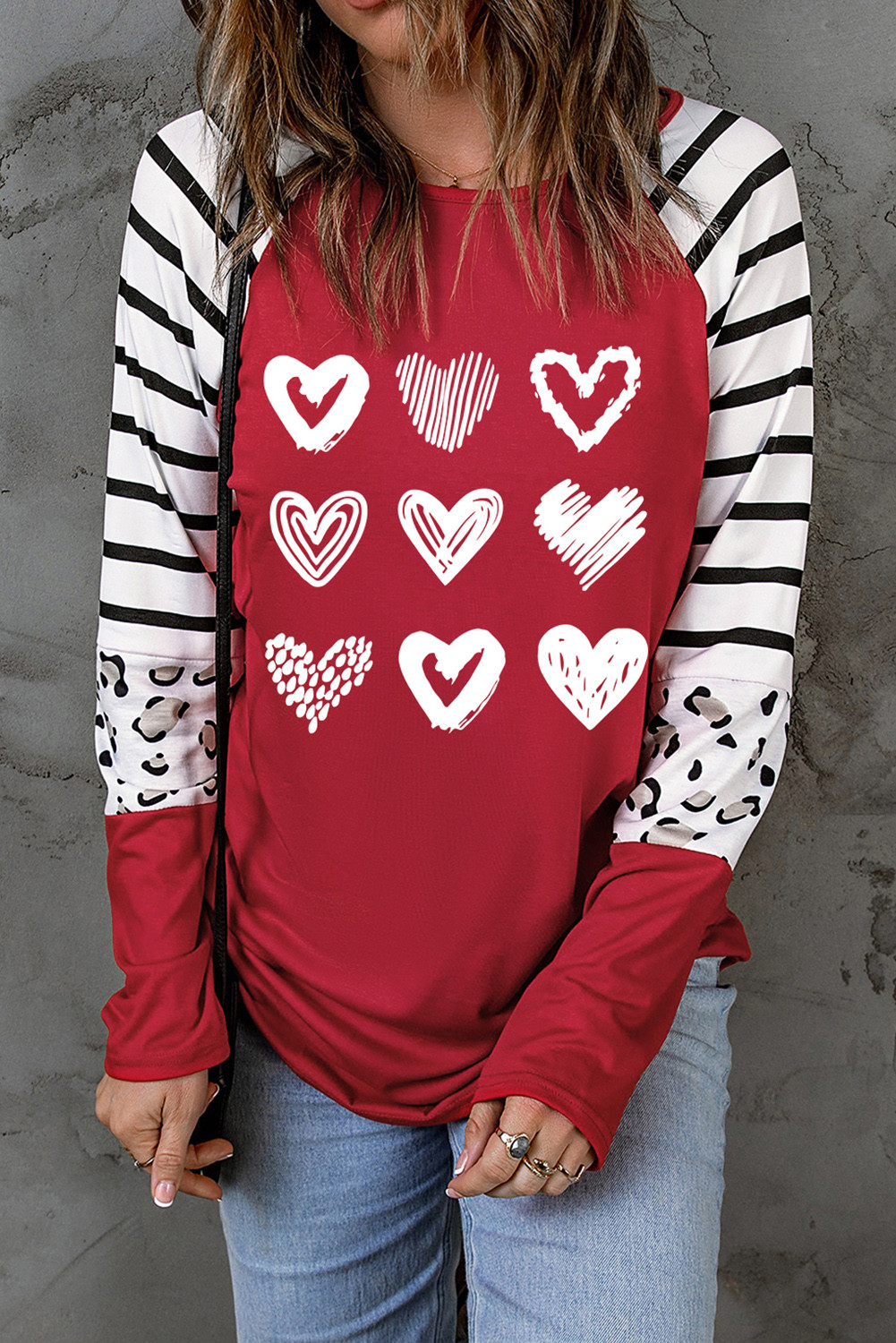 Red Valentine Heart Print Striped Leopard Colorblock Sleeve Graphic Top
