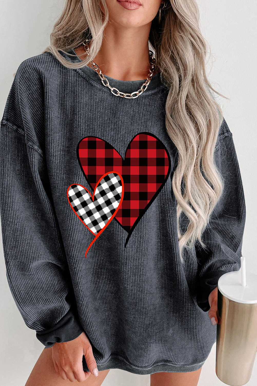 Gray Plaid Heart Print Graphic Corded Sweatshirt